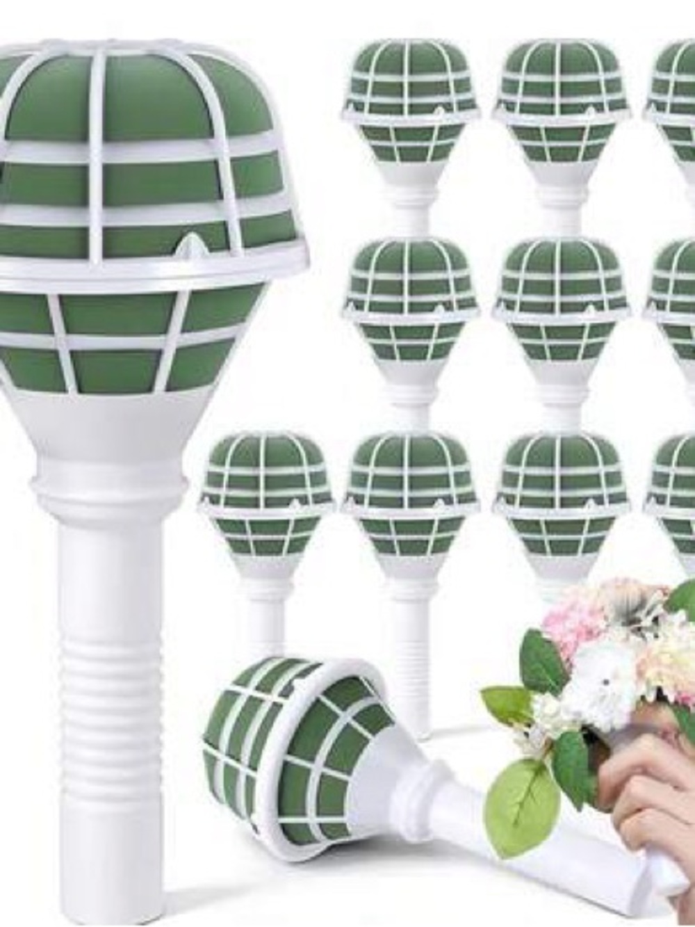 Floral Foam Holder Picks - Green/White Flower Arrangement Stakes (12 Pack)